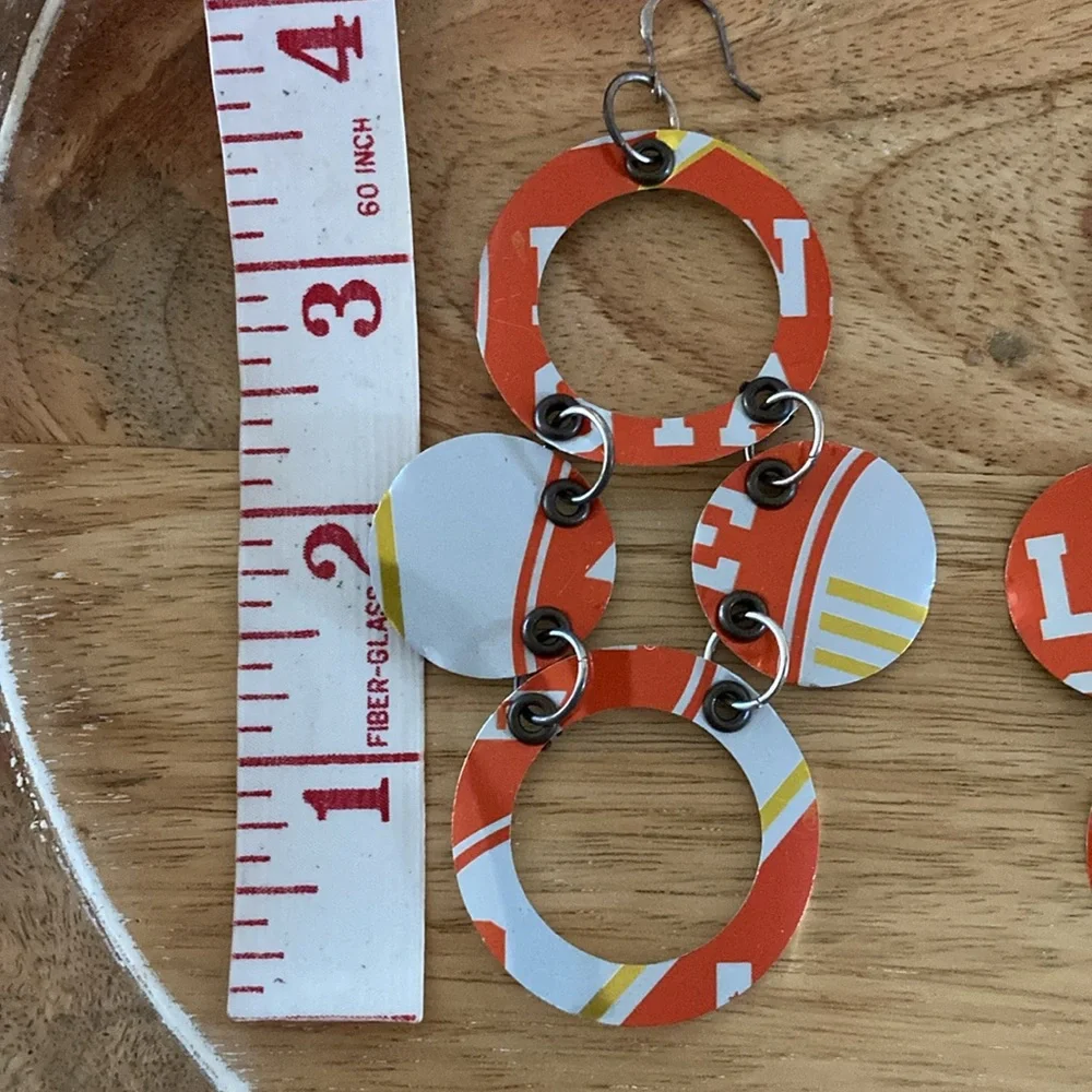 Tin can dangle earrings NEW Red White Circular drops eclectic handmade